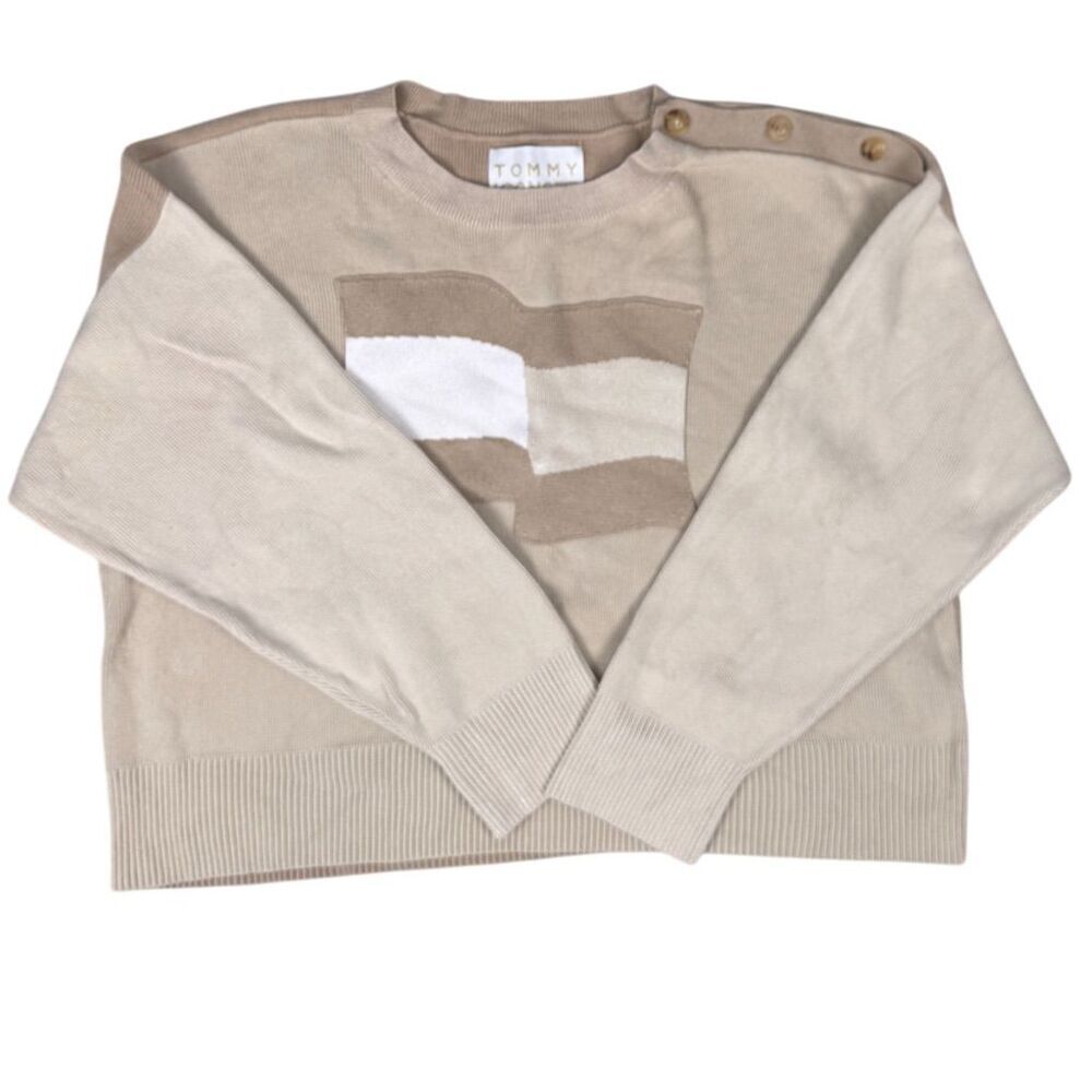 Tommy Hilfiger Women's 2XL Beige Graphic Print Crew Neck Sweater
